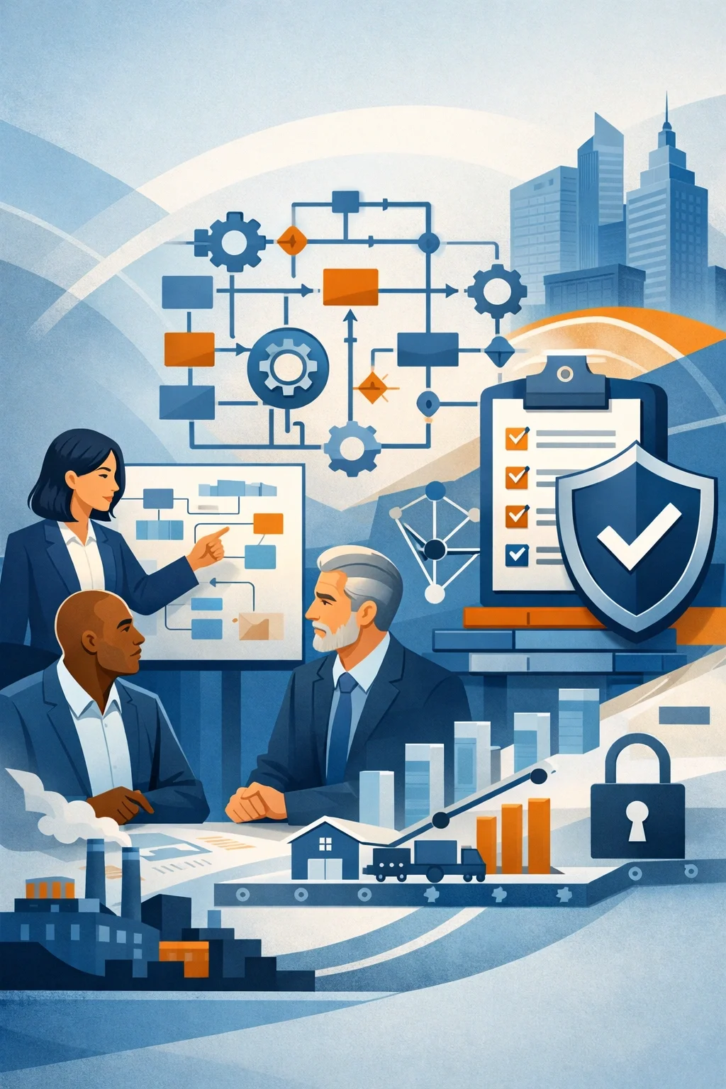 Digital illustration of professionals analyzing a structured cybersecurity risk assessment with network nodes, shield protection, and system process diagrams.