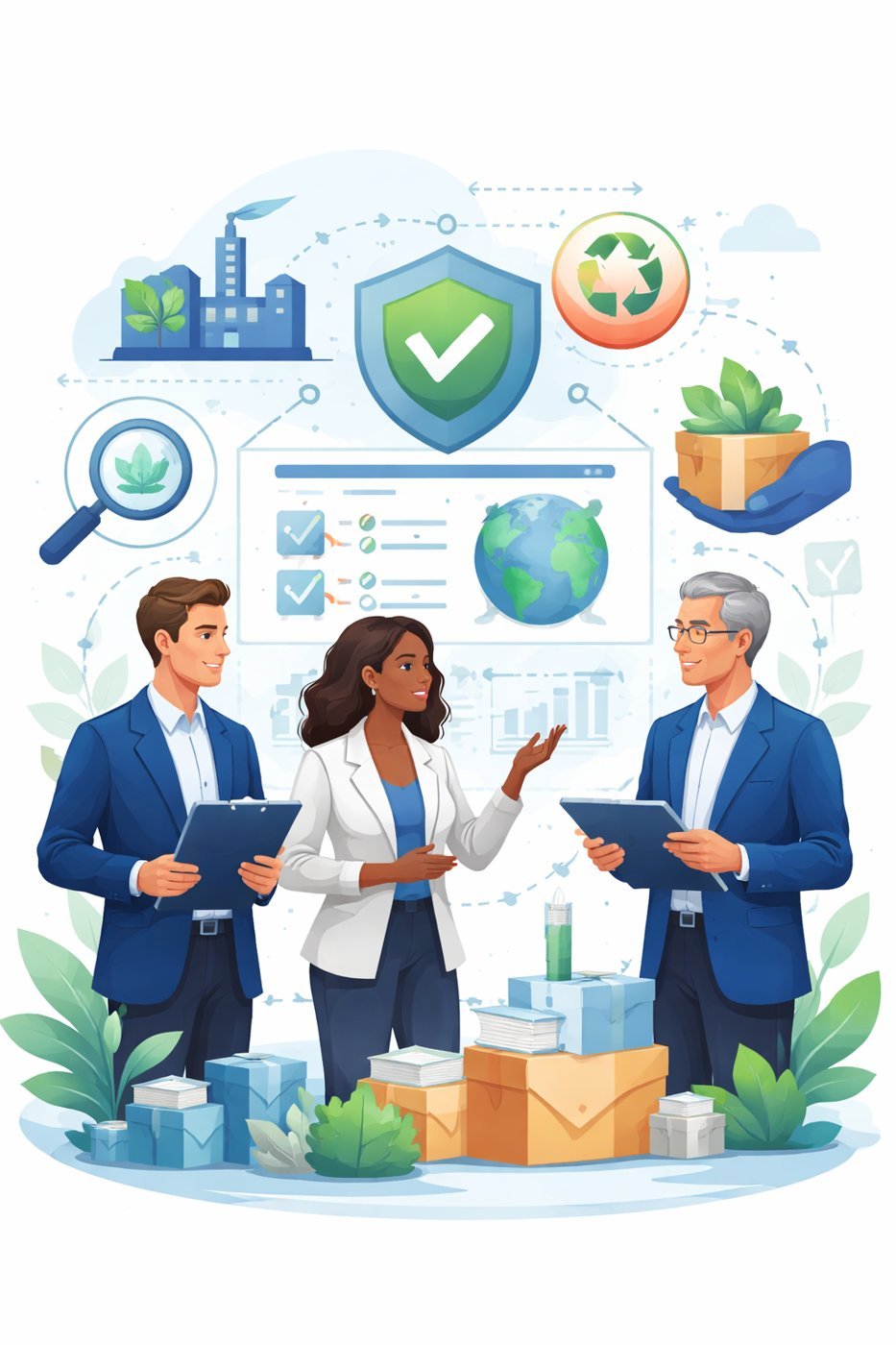 Digital illustration of a structured shield, supply chain elements, and diverse professionals representing sustainable sourcing ISO consulting and responsible procurement systems.