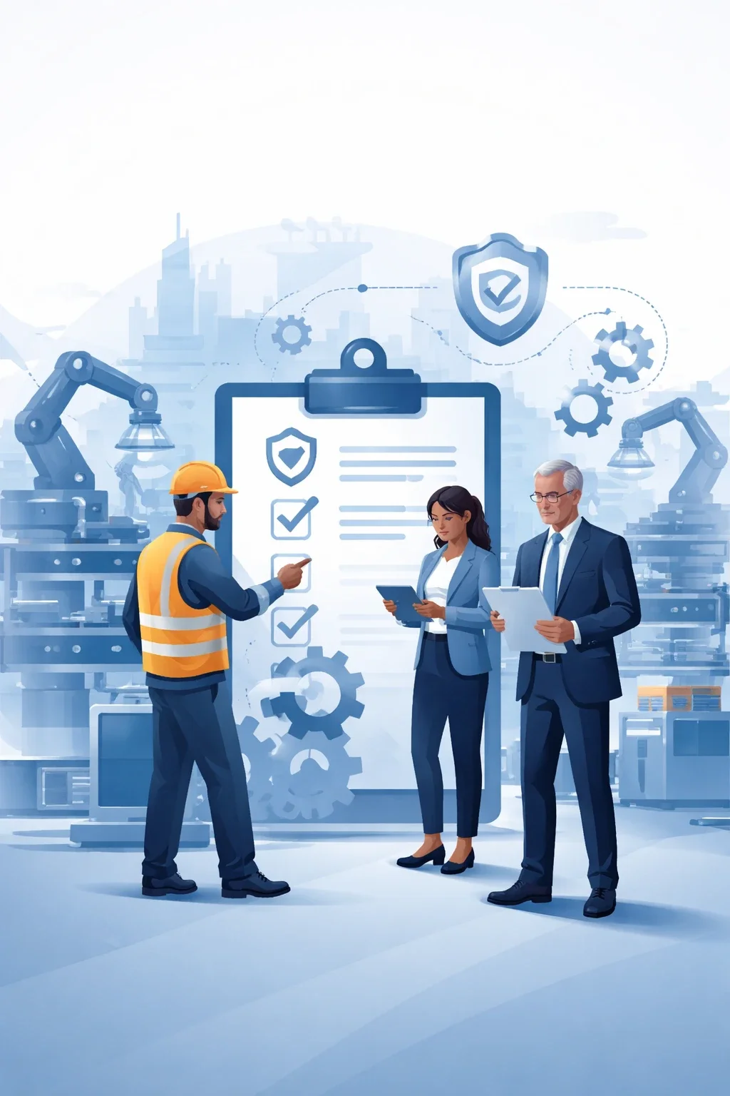 Digital illustration of manufacturing safety system planning with engineers reviewing a structured checklist and shield symbol representing ISO 45001 manufacturing implementation.