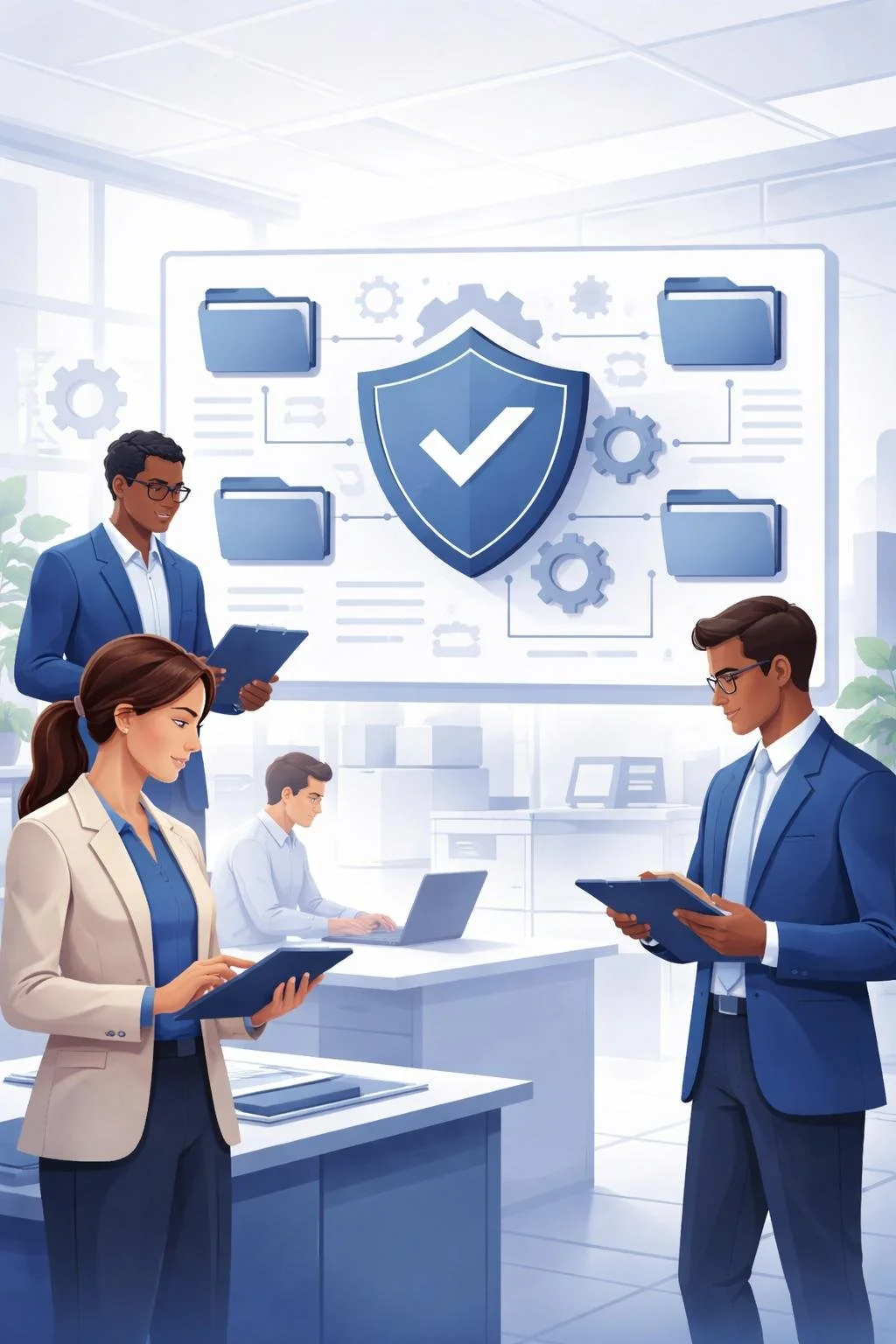 Digital illustration of professionals managing structured document control with shield, folders, and workflow icons representing ISO 9001 document management software.