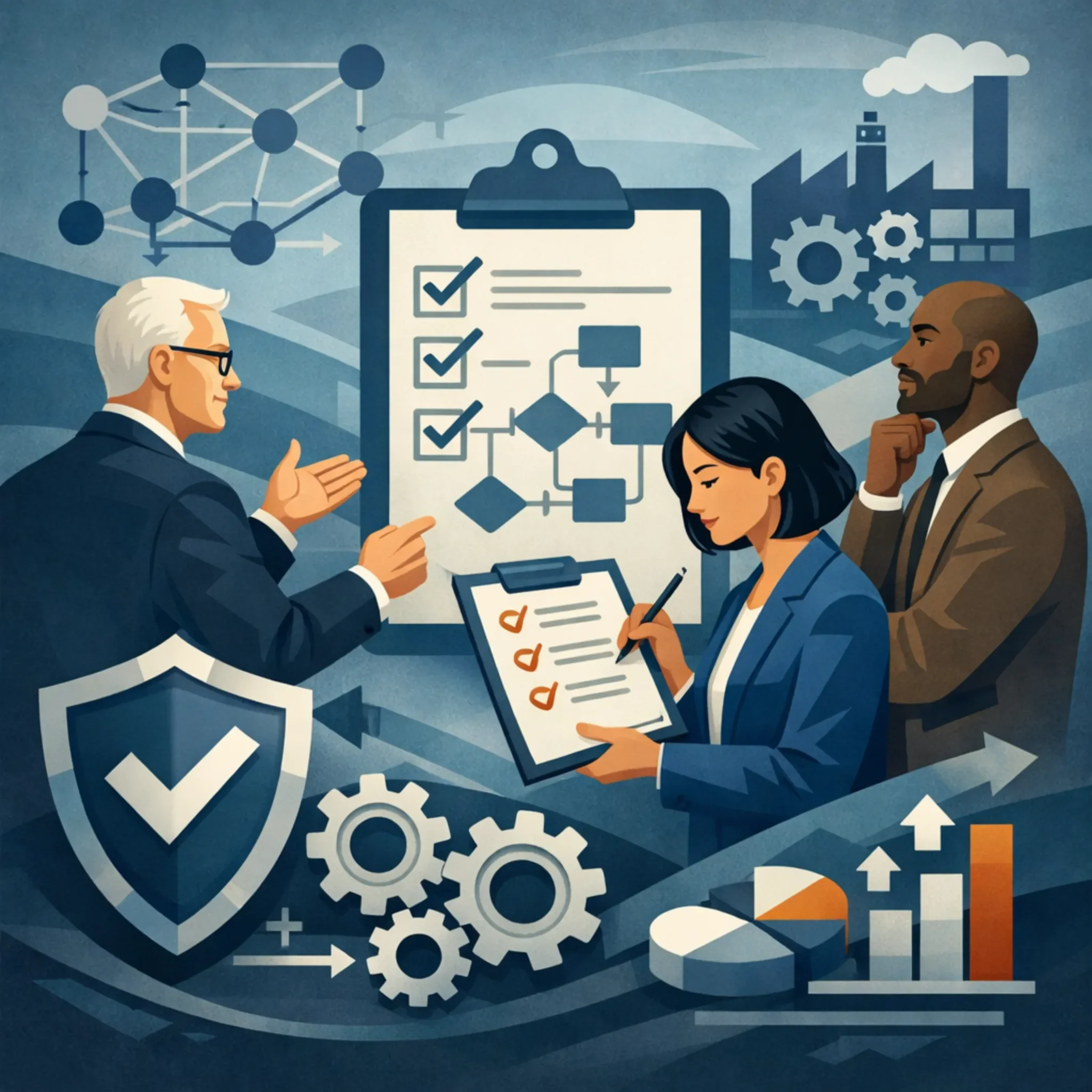 Digital illustration of professionals reviewing a structured cloud architecture with network connections, security shield, and process flow representing cloud consulting services.