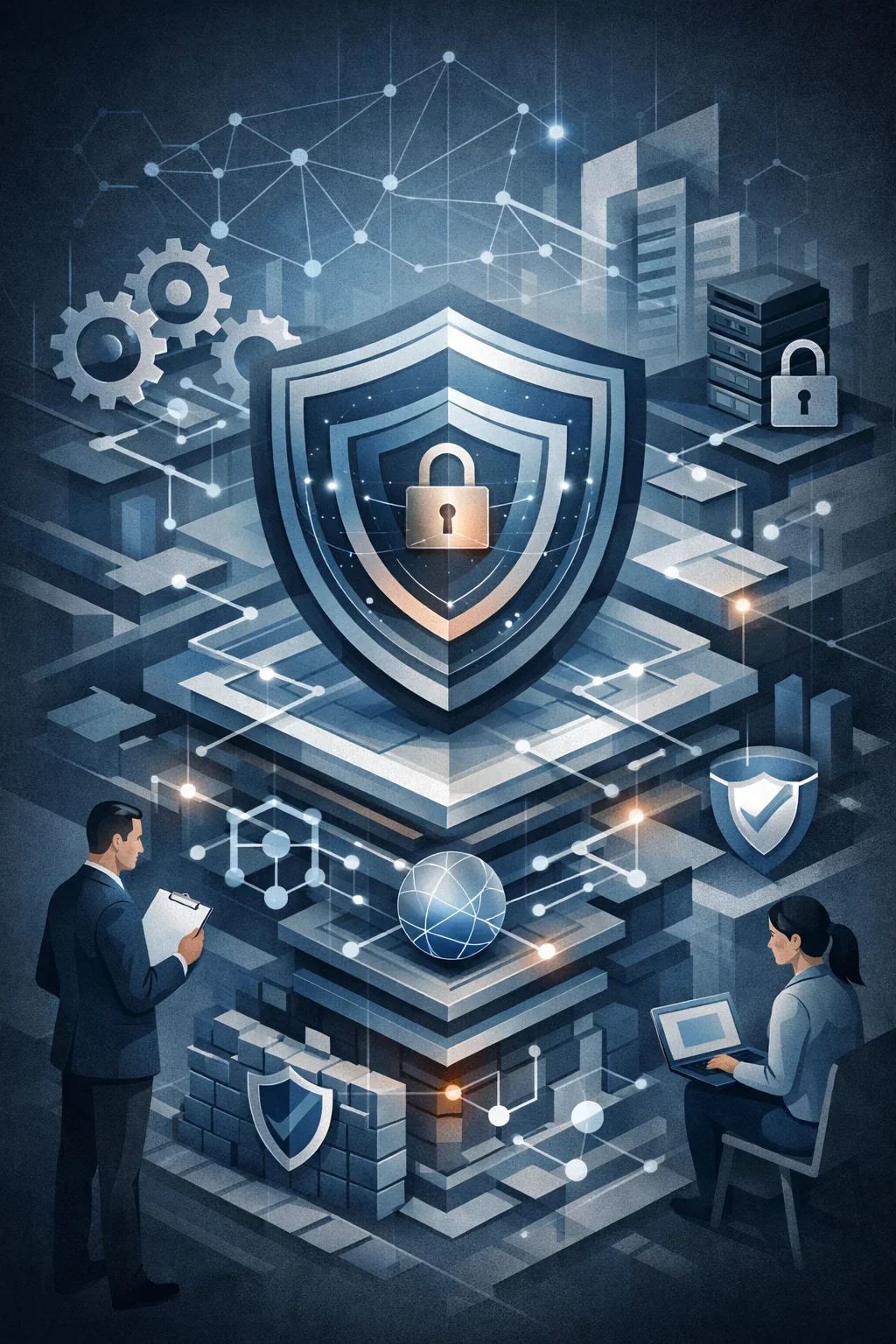 Structured digital illustration of layered security controls with central shield, network connections, and systems architecture representing an information security program