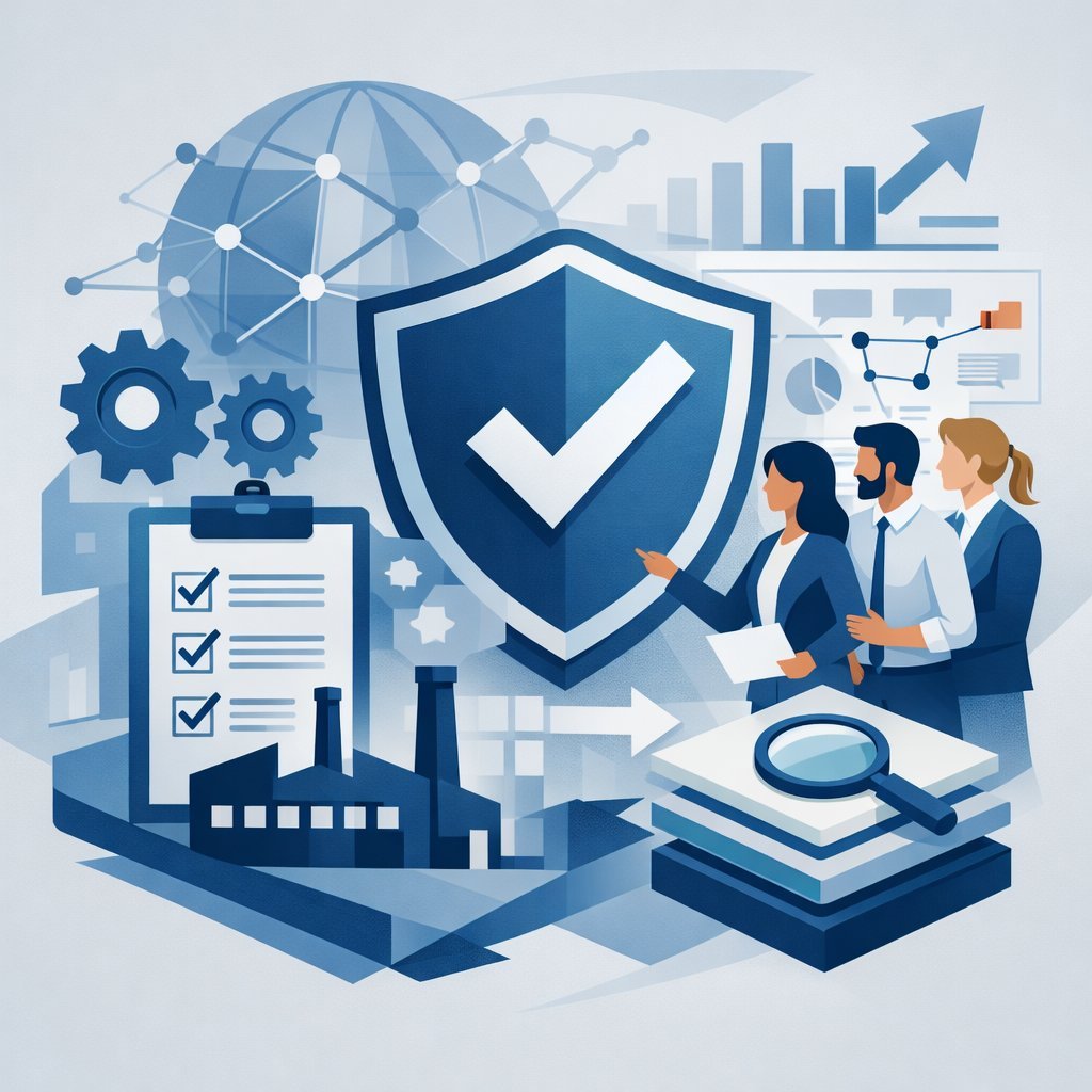 Digital illustration of a shield with checkmark, gears, factory, and audit clipboard representing an ISO9001 certified quality management system.