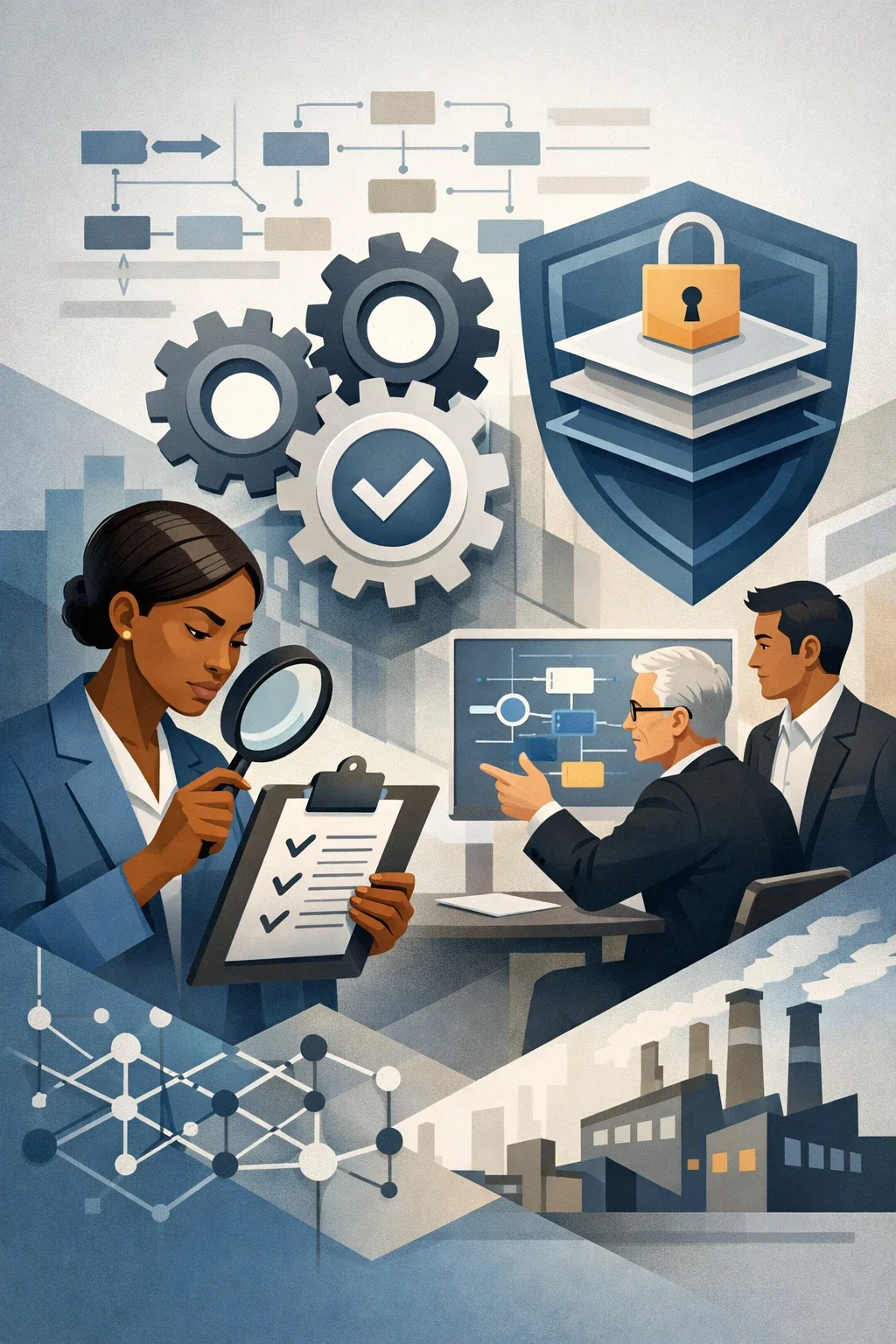 Digital illustration of layered security controls, shield with lock, and consultants reviewing systems representing ISO 27001 compliance and information security governance.
