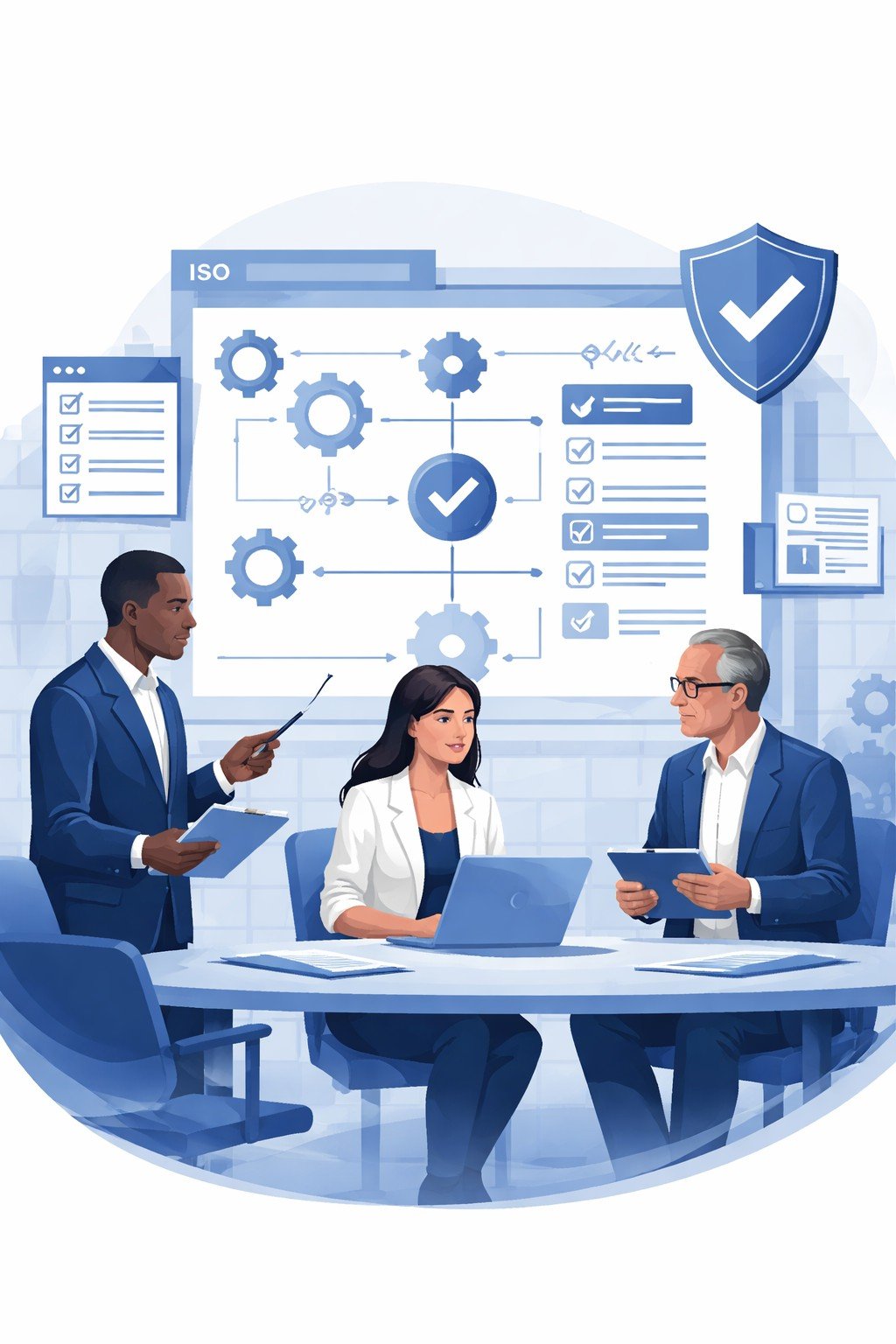 Digital illustration of diverse professionals reviewing structured process diagrams and shield symbols representing ISO management system consulting and certification readiness.