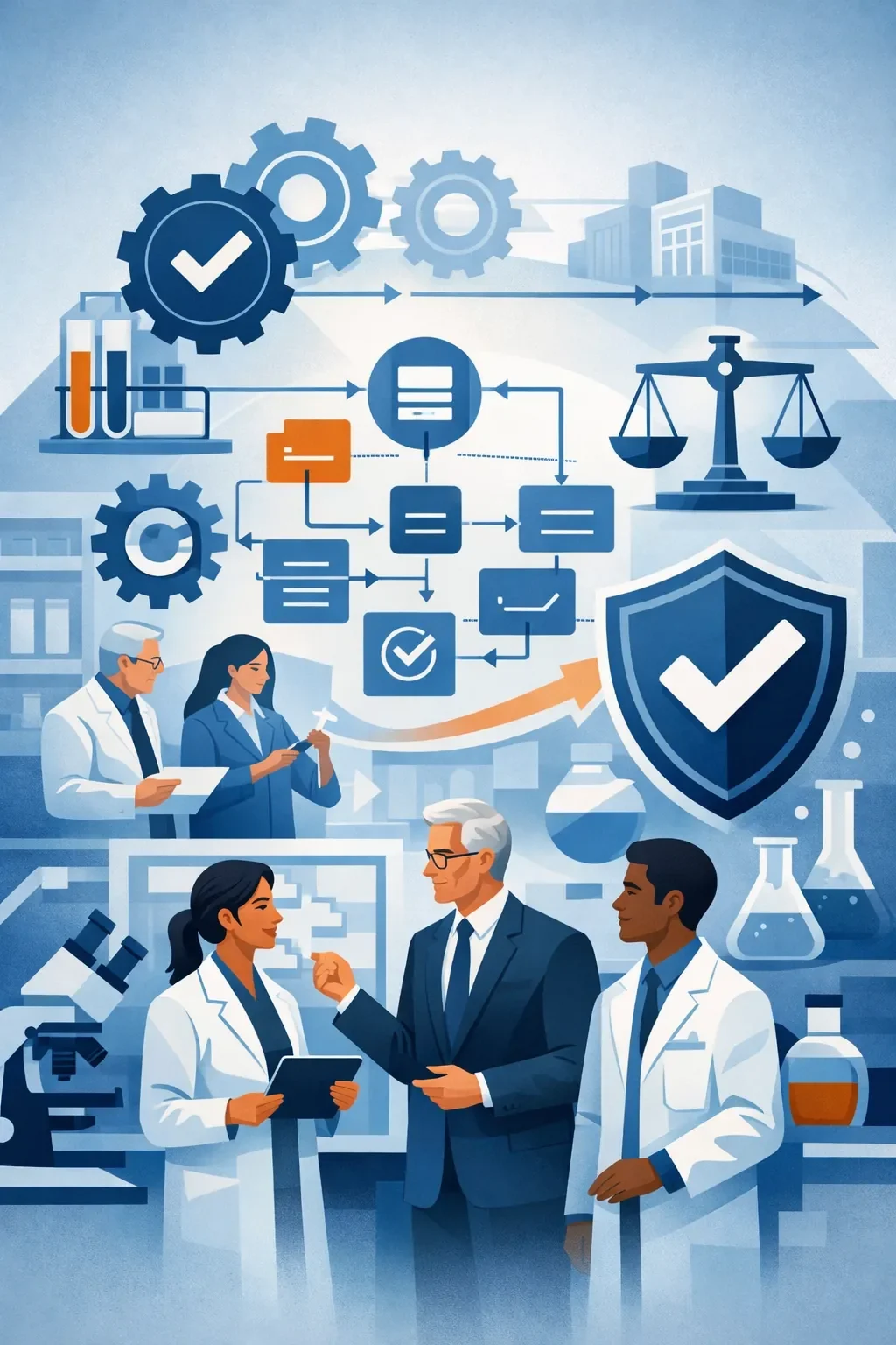 Digital illustration of laboratory professionals and system diagrams representing ISO 17025 lab system implementation and structured testing laboratory management.