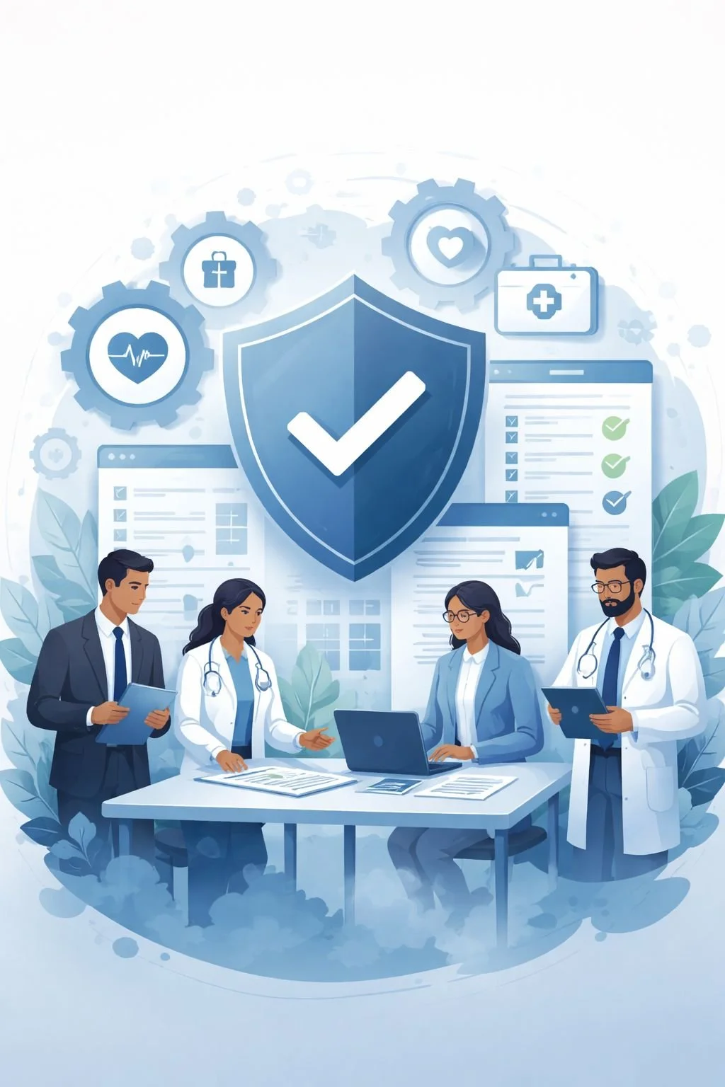 Digital illustration of healthcare professionals collaborating around a structured quality system with shield and process symbols representing ISO 9001 for healthcare organizations.
