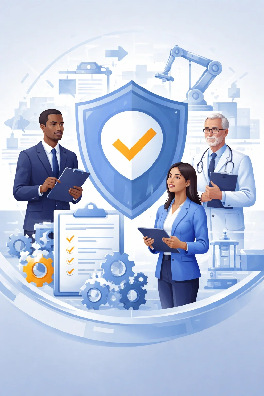 Digital illustration of a shield and structured checklist with medical device manufacturing elements, representing ISO certification for medical devices and quality management systems.