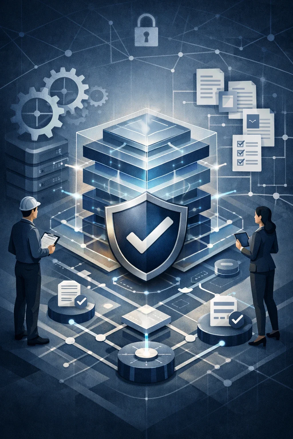 Structured audit readiness system with layered controls, validation shield, and interconnected processes reviewed by professionals