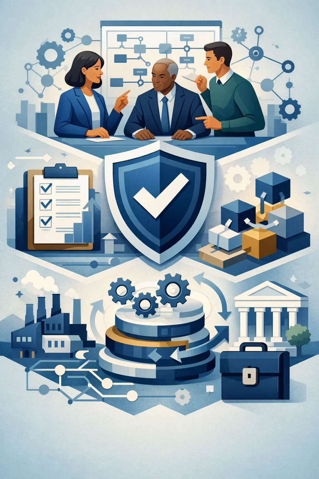 Digital illustration of professionals reviewing a structured quality system with shield, checklist, gears, and manufacturing symbols representing ISO 13485 quality management.