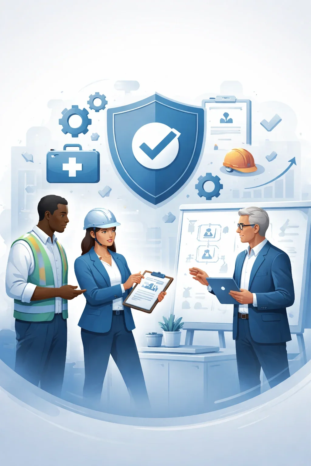 Digital illustration of safety consultants reviewing workplace processes with shield and checklist symbols representing ISO 45001 consultant occupational health and safety systems.
