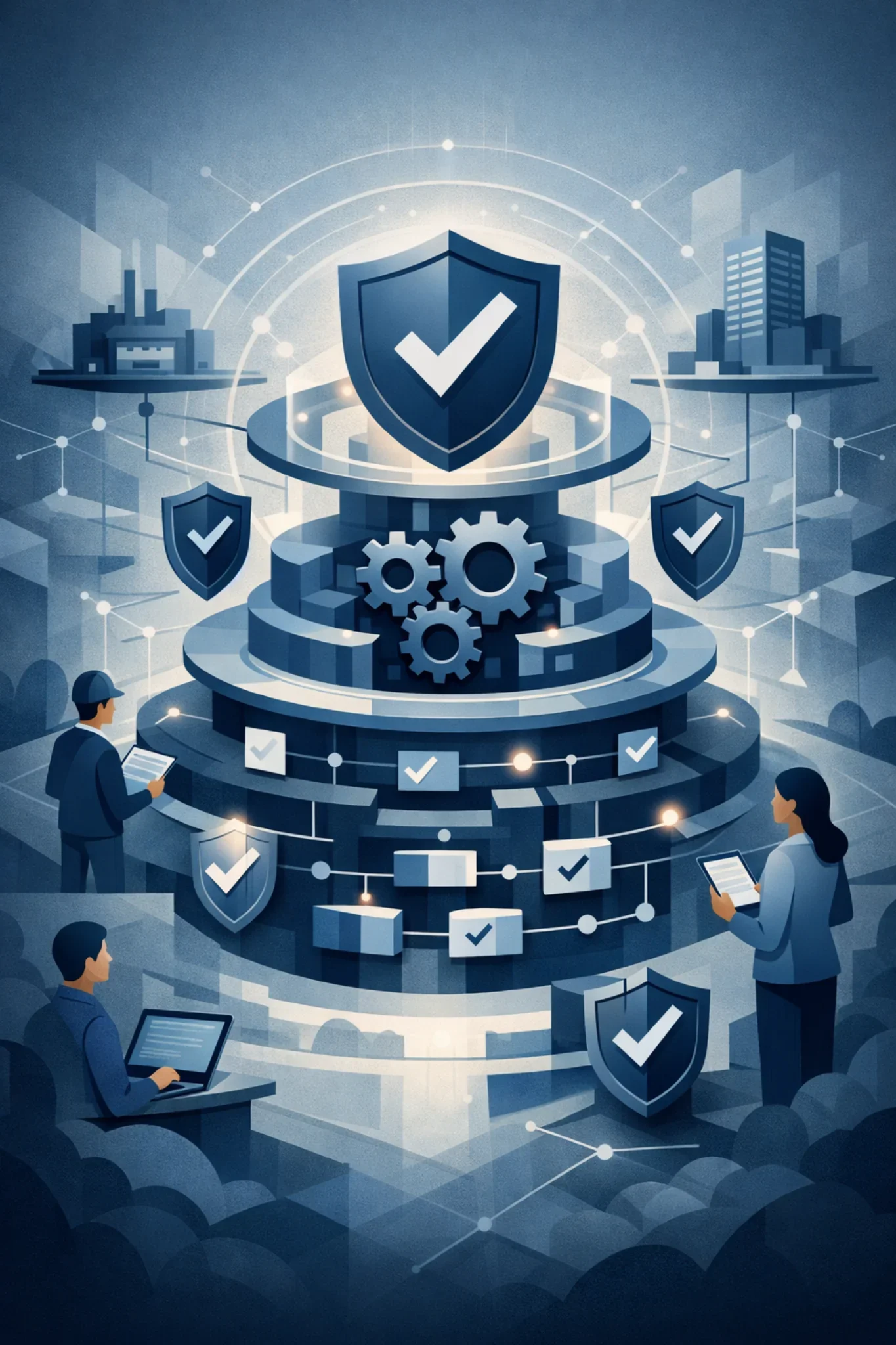 Structured digital illustration of layered quality systems, interconnected gears, and validation shields representing controlled processes and QMS design.