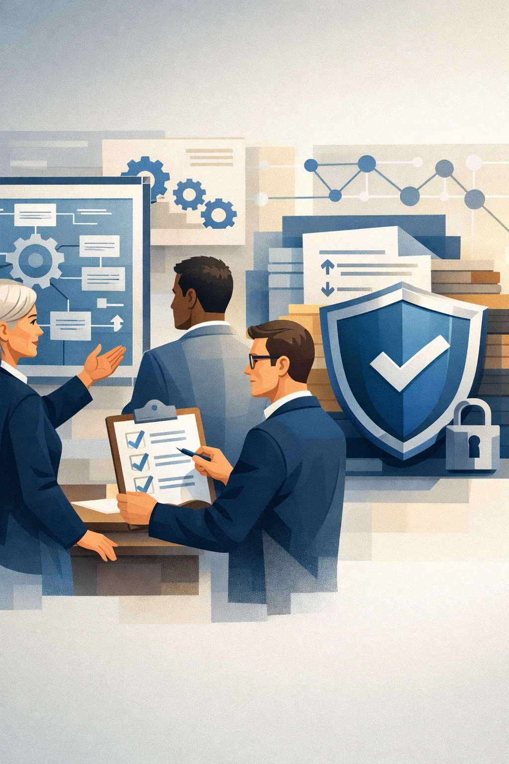 Digital illustration of cybersecurity consulting services with professionals reviewing security processes beside shield, network nodes, and lock symbols representing structured cyber risk governance.
