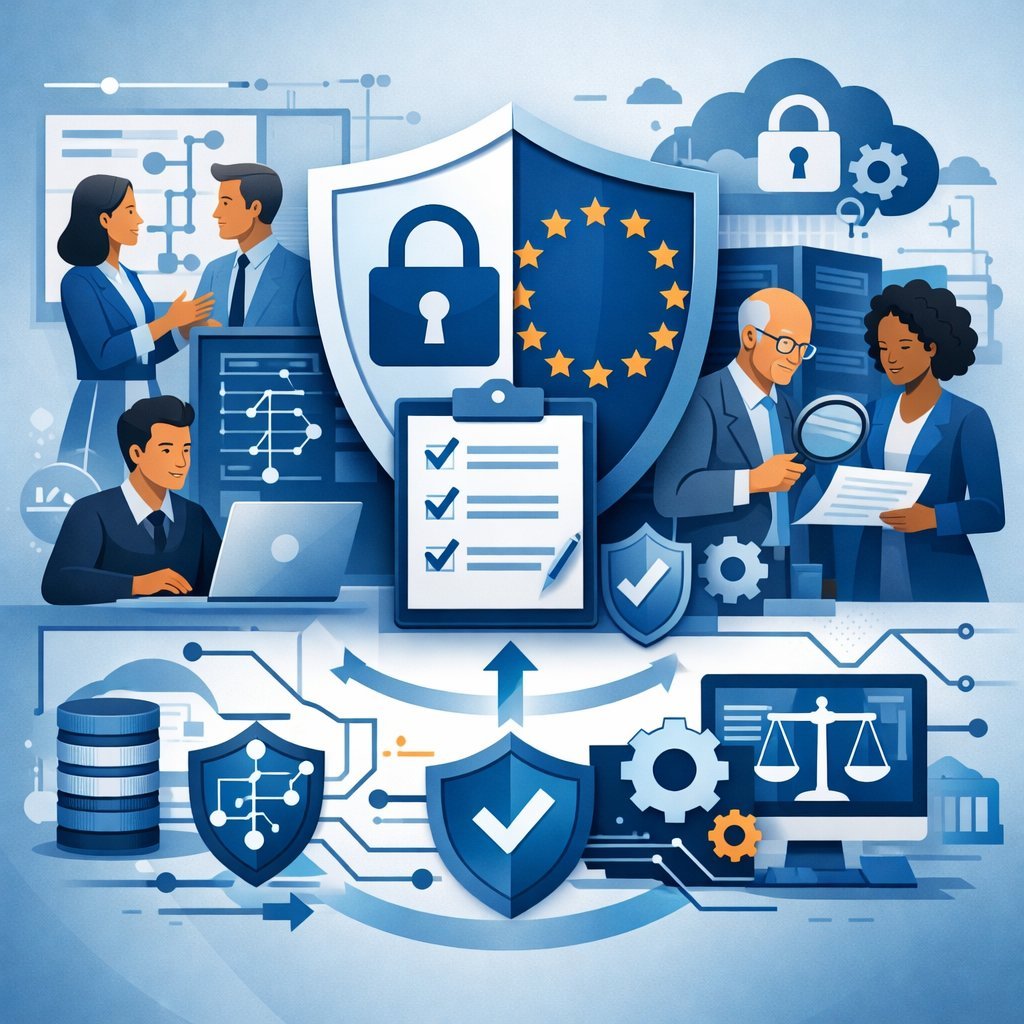 Digital illustration of professionals analyzing security systems around layered shields, locks, and network controls representing ISO 27001 and GDPR compliance governance.
