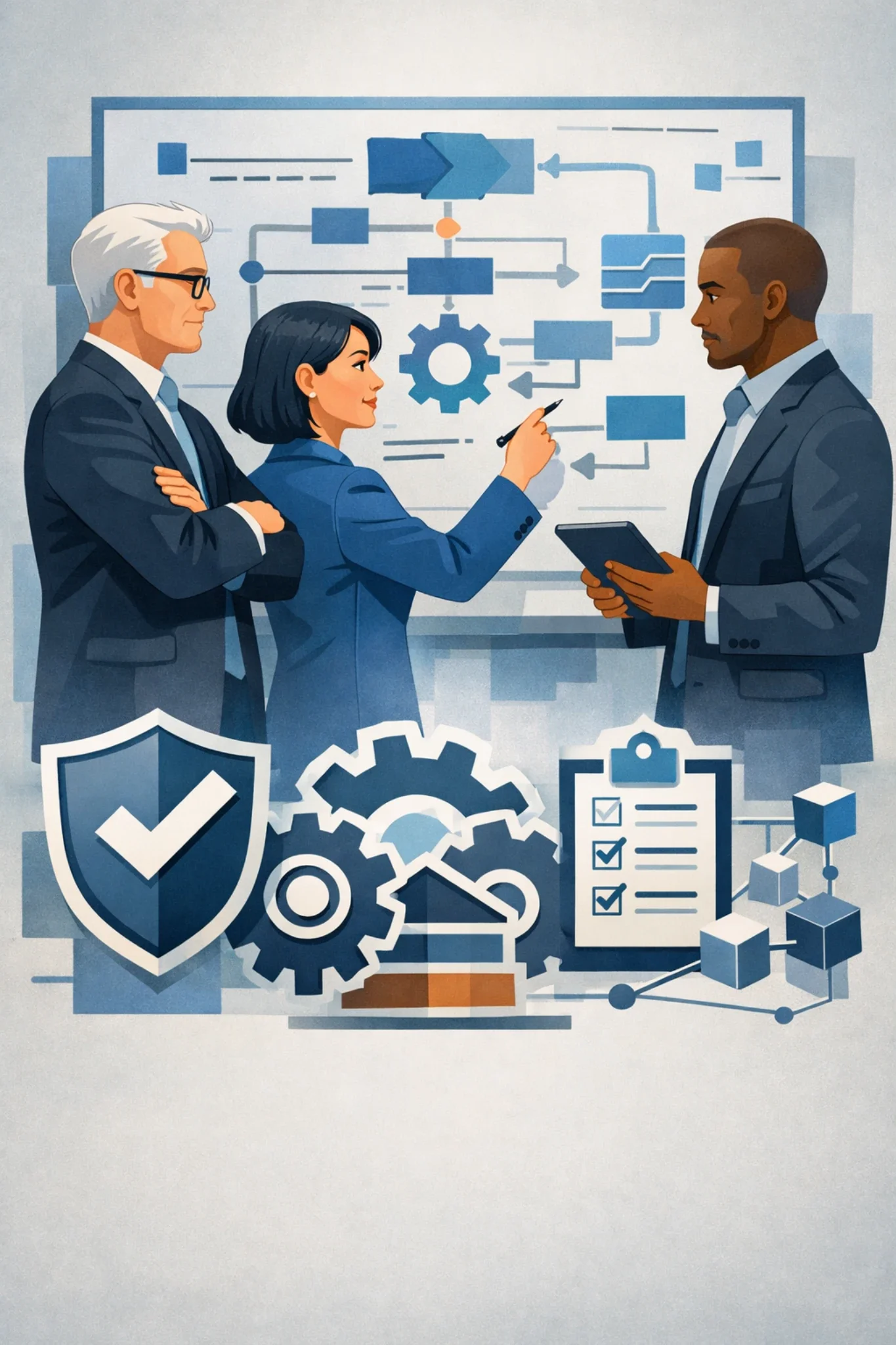 Digital illustration of consultants analyzing a cybersecurity risk assessment system with shield protection, process diagrams, and structured security controls.