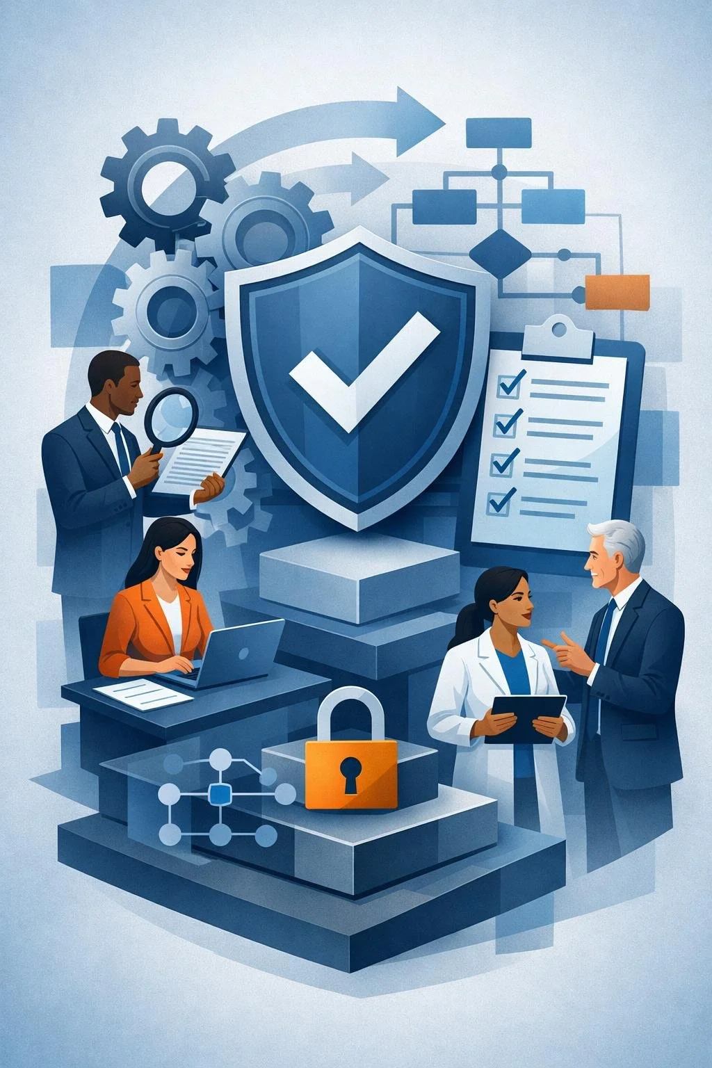 Digital illustration of a shield with checkmark, audit checklist, gears, and professionals reviewing documents representing compliance auditing services and structured regulatory controls.