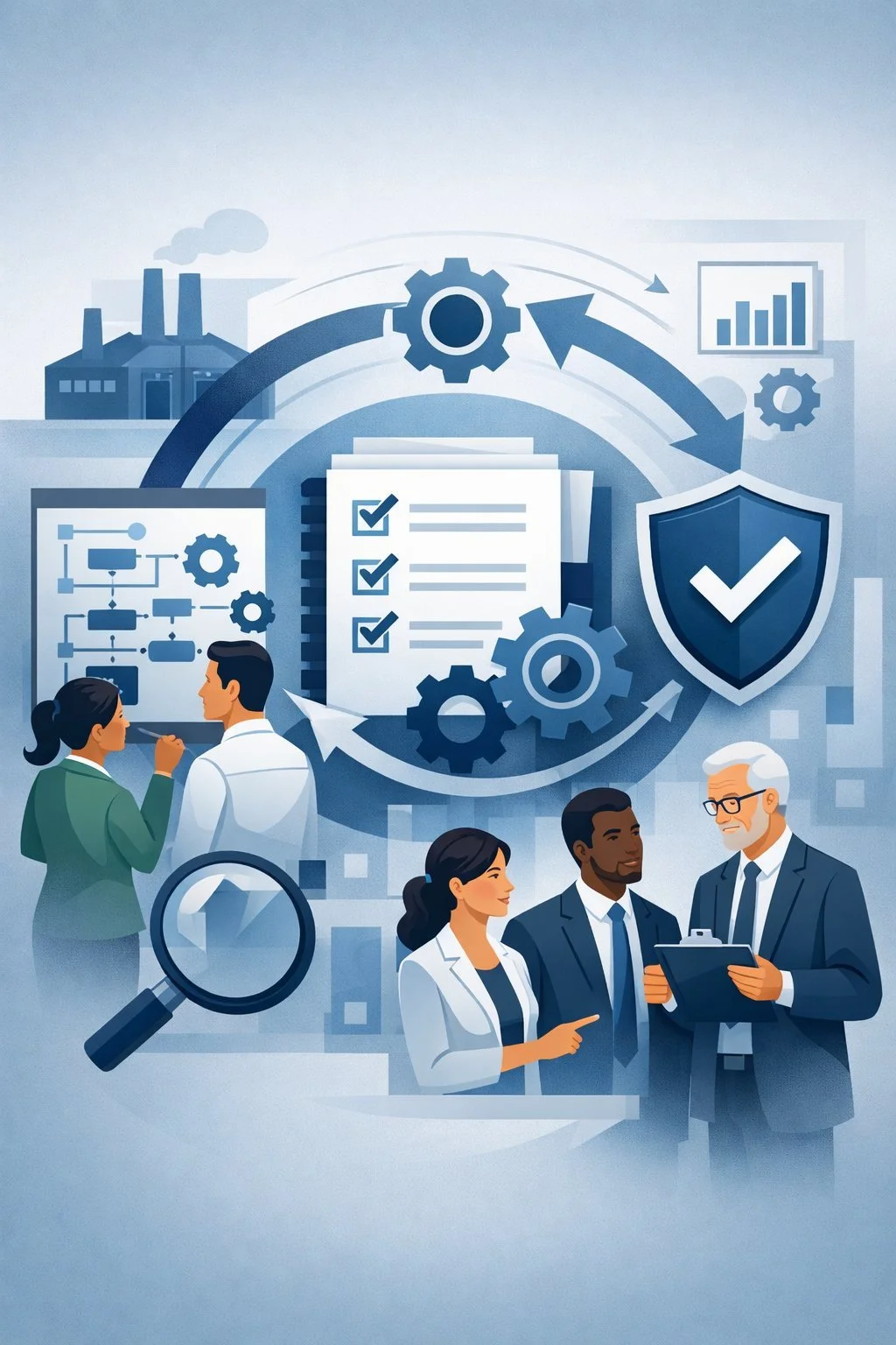 Digital illustration of professionals reviewing process diagrams with gears, checklist, and shield representing ISO 9001 implementation methodology and structured quality management systems.