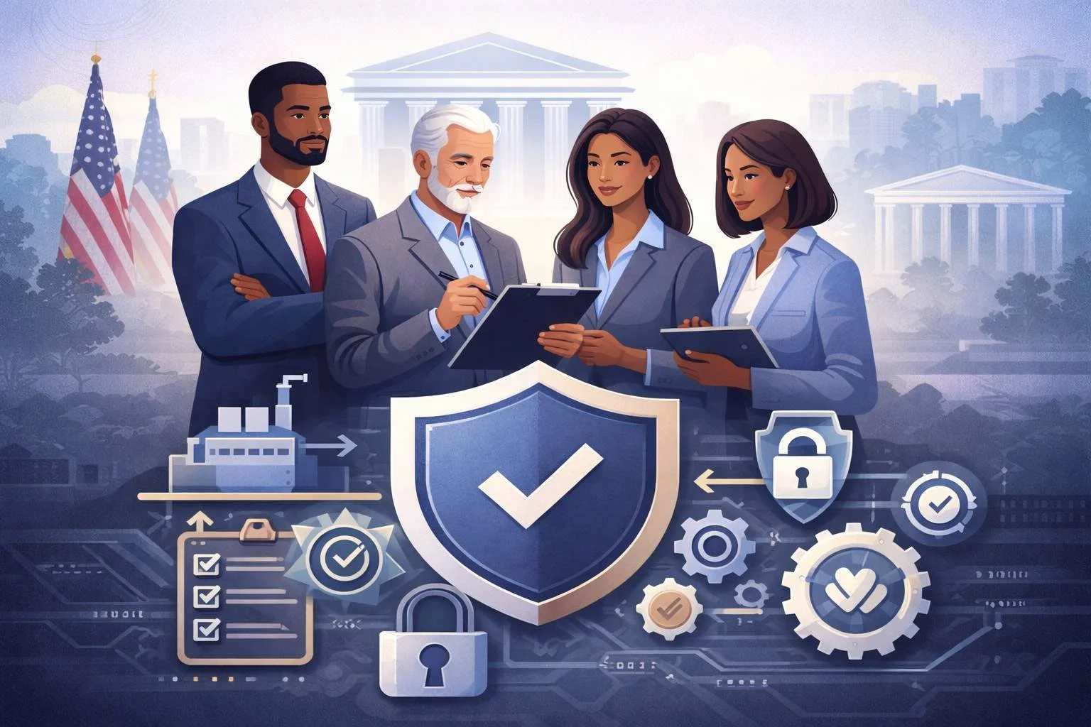 Four diverse professionals in business attire stand together reviewing documents outdoors with U.S. Capitol and American flags in the background. The image features security and protection icons, including a shield with a check mark, a lock, gears, a checklist, and a padlock, symbolizing cybersecurity, trust, and data protection.