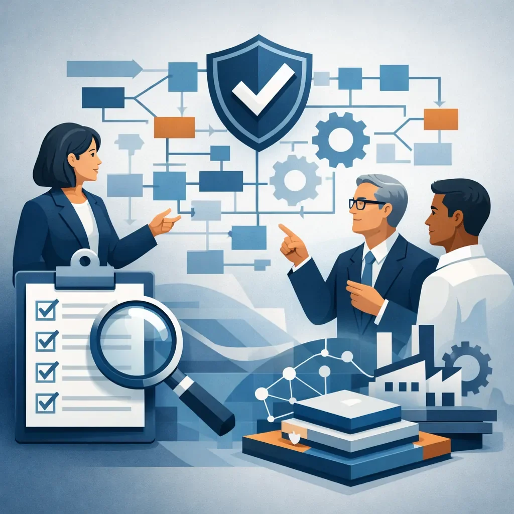 Digital illustration of structured shield, checklist, and system flow representing CMMC Level 1 self-assessment and cybersecurity compliance controls.