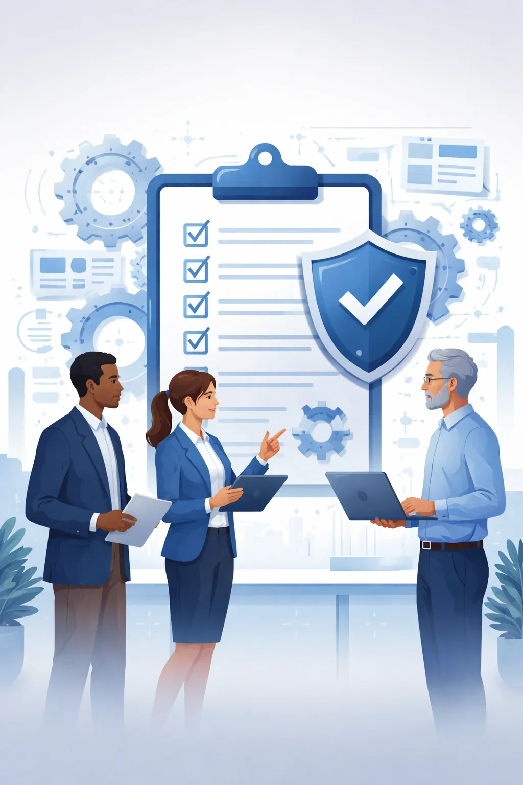 Digital illustration of a structured checklist, shield, and process gears representing an ISO 9001 requirements checklist and quality management system compliance framework.