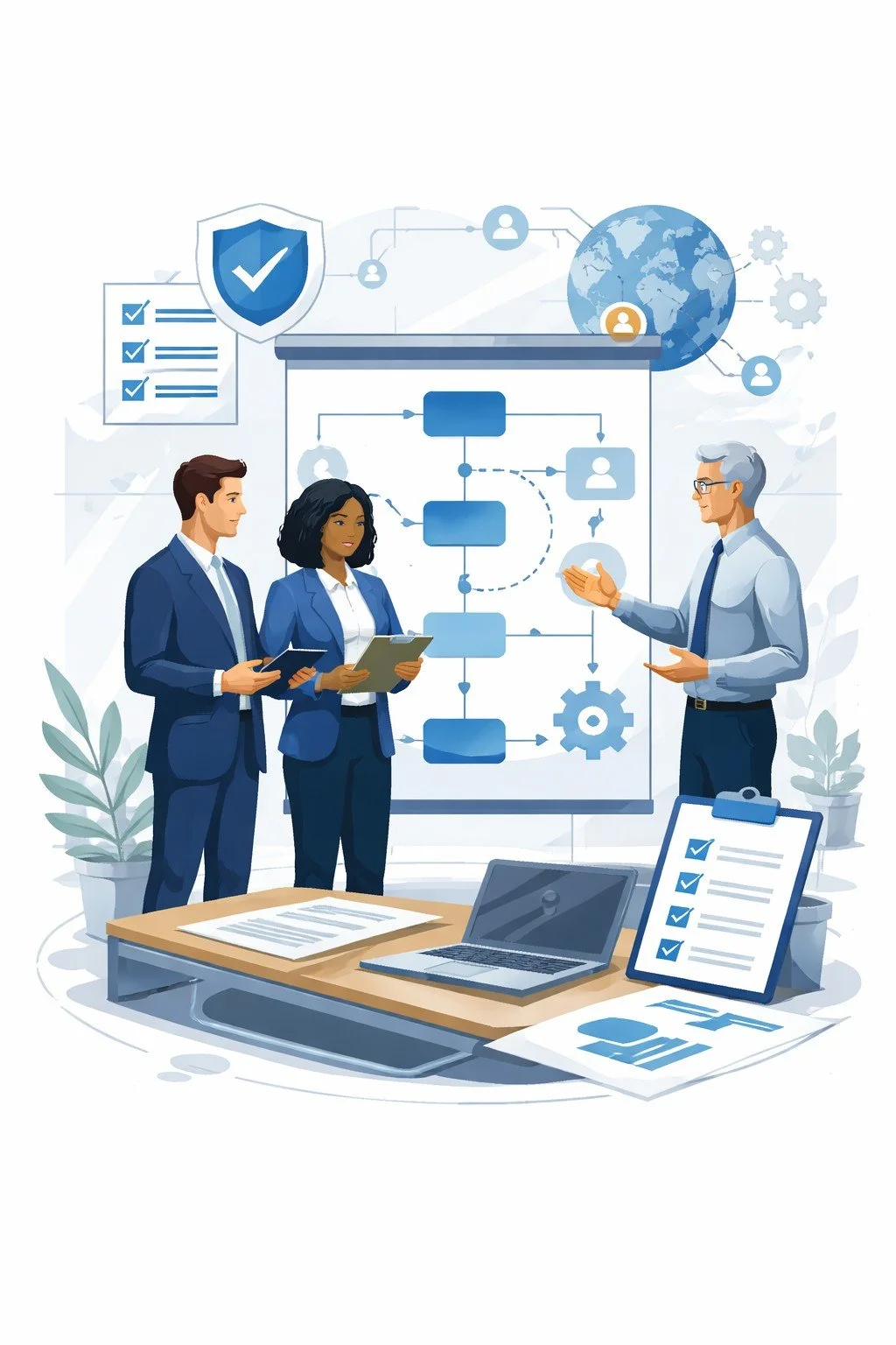 Digital illustration of diverse consultants reviewing a structured consulting process board with workflow diagrams and validation symbols representing ISO 20700 management consultancy implementation.