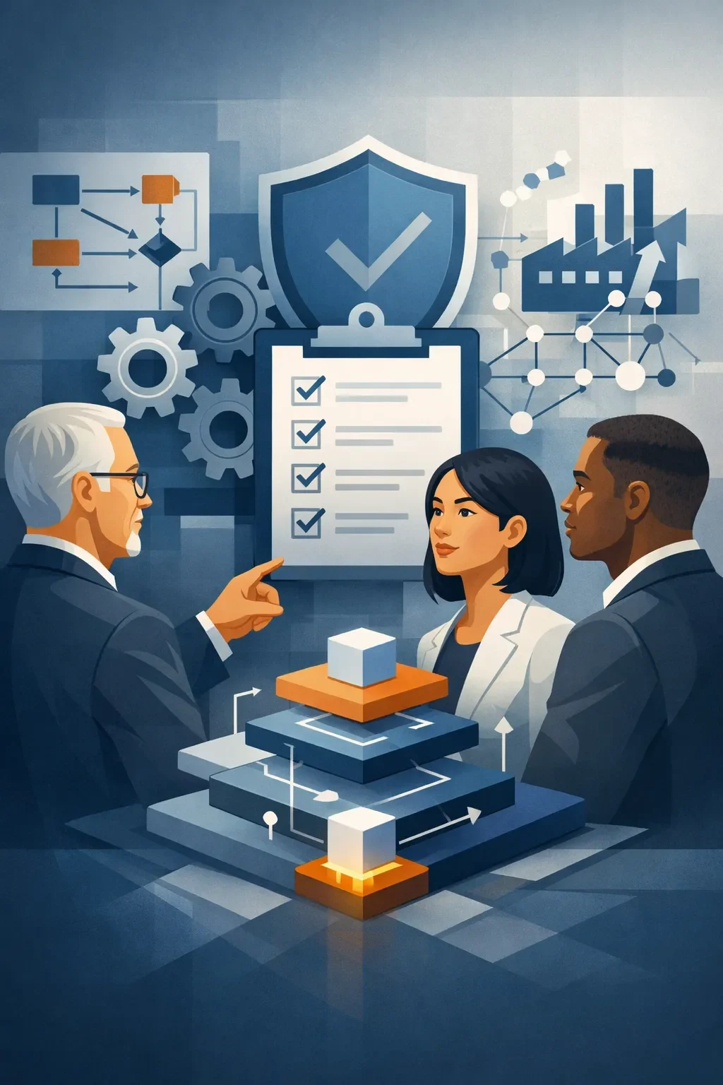 Digital illustration of a structured business process management framework with layered systems, gears, checklist, and diverse professionals collaborating on process governance and optimization.