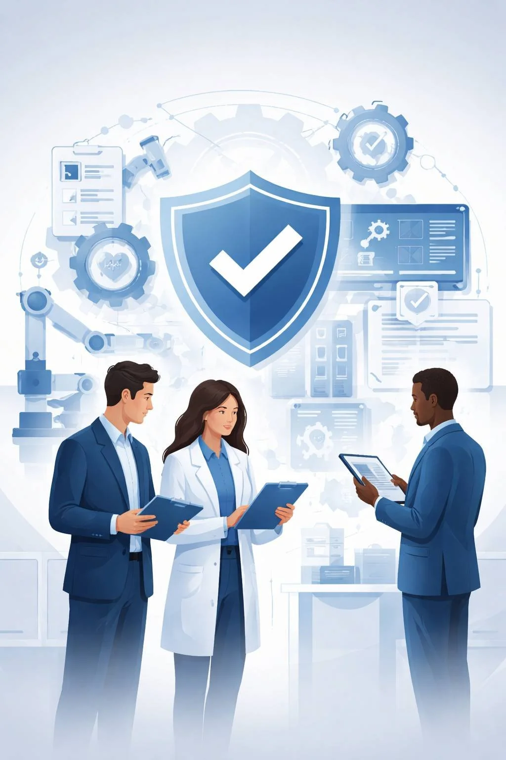 Digital illustration of medical device professionals reviewing quality documents beneath a shield and checkmark representing ISO 13485 consultant services and medical device QMS compliance.