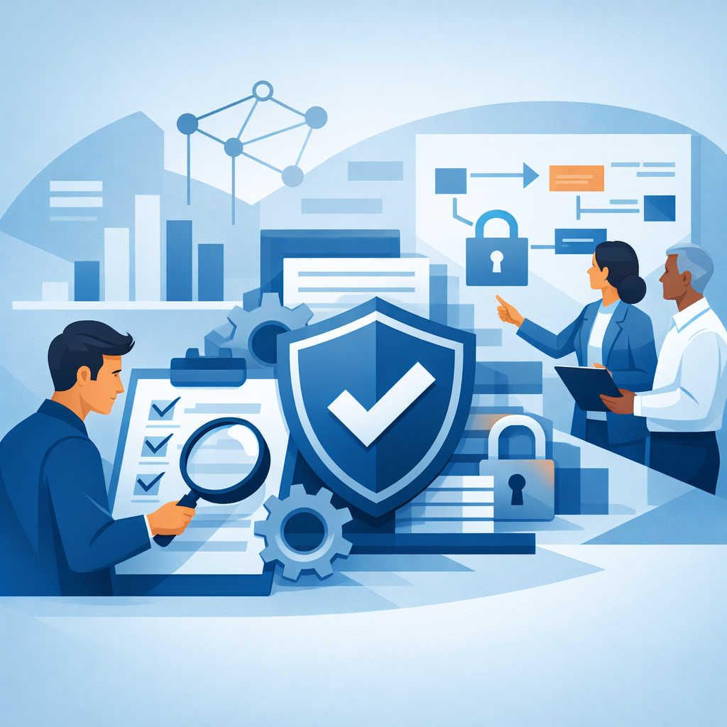 Digital illustration of professionals reviewing a structured checklist with shield and process symbols representing a compliance audit service and governance controls.