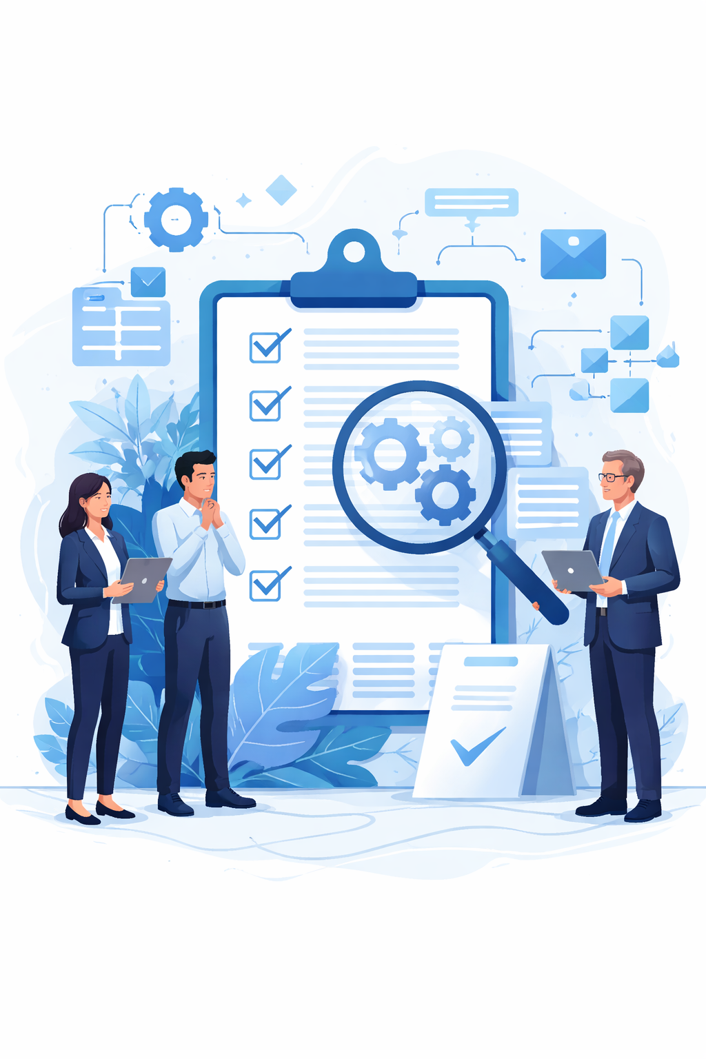 Digital illustration of professionals reviewing a structured checklist with gears and process flow symbols representing an ISO 9001 gap analysis checklist for quality management systems.