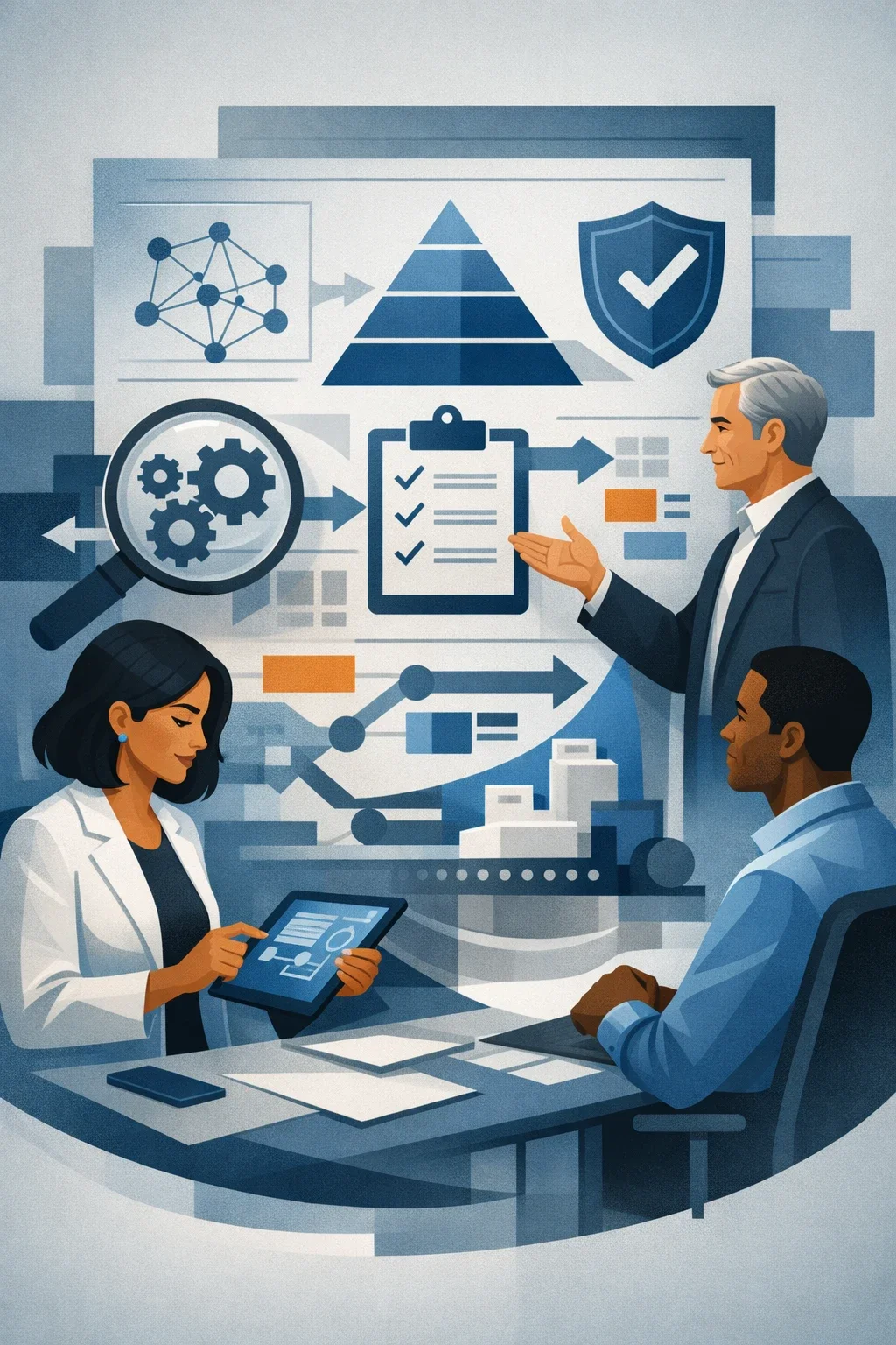 Digital illustration of a structured compliance training program with consultants reviewing processes, checklist controls, and governance workflow systems.