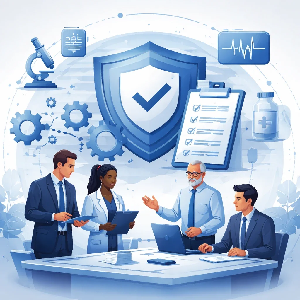 Digital illustration of a shield with a checkmark, clipboard, gears, and medical device symbols representing structured ISO 13485 certification training and medical device quality systems.