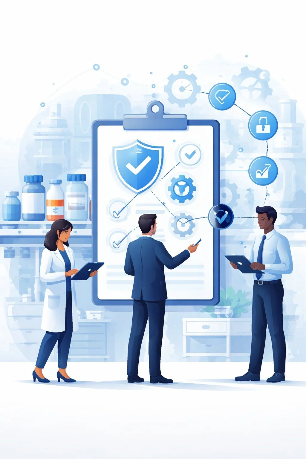 Digital illustration of a shield and structured checklist in a supplement manufacturing setting symbolizing dietary supplement GMP compliance and quality control systems.