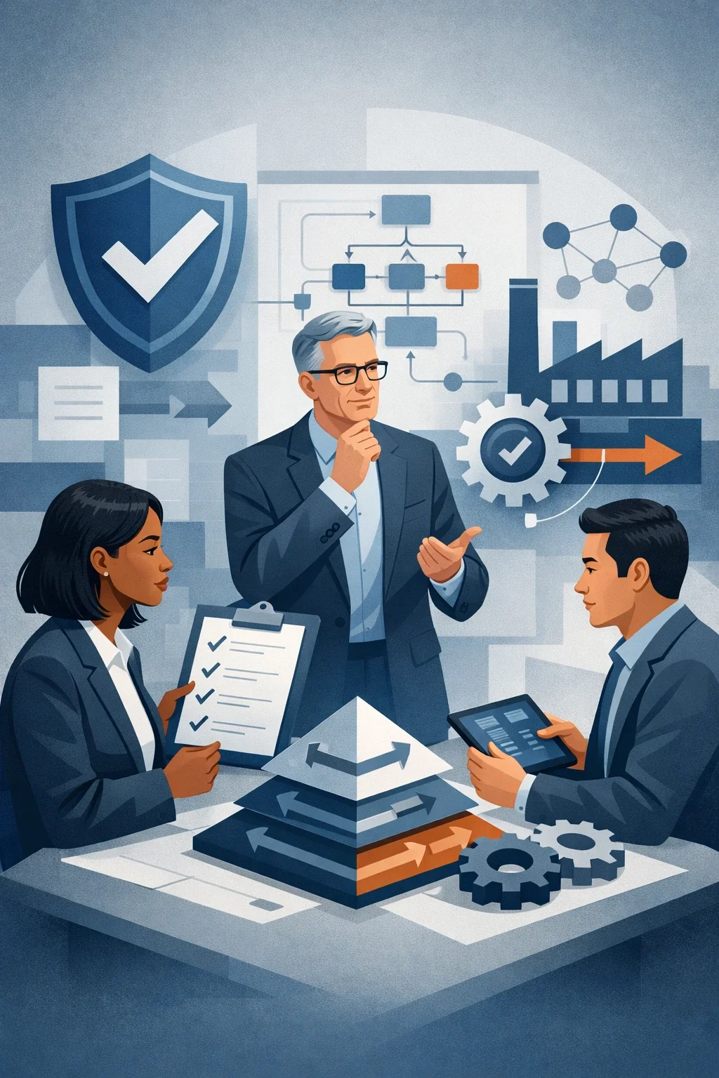 Digital illustration of professionals analyzing environmental compliance software with structured workflows, factory systems, and governance controls.