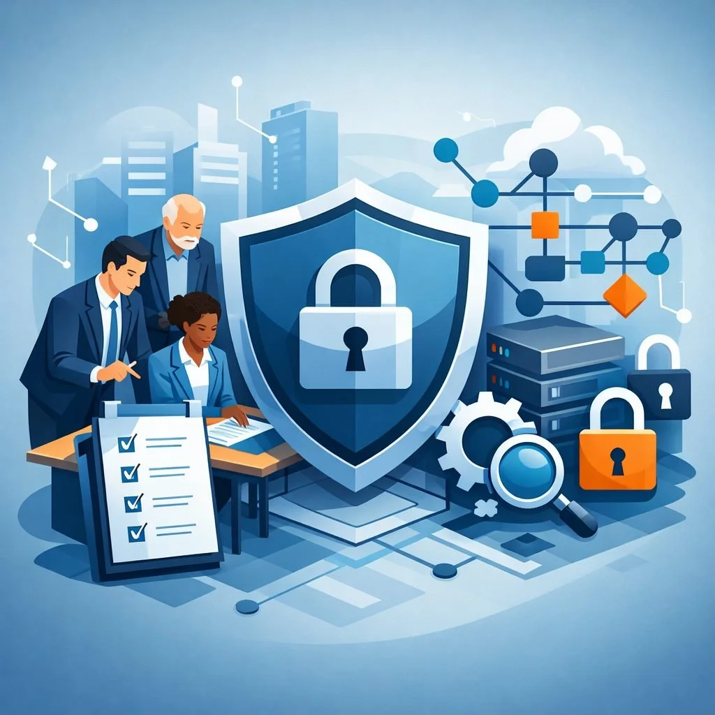 Digital illustration of cybersecurity consultants reviewing governance controls beside a shield, lock, and network structure representing ISO 27001 compliance consulting.