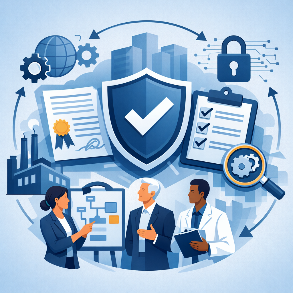 Digital illustration of a shield with checkmark surrounded by process diagrams, audit clipboard, gears, and professionals representing organizations working to get ISO certified.