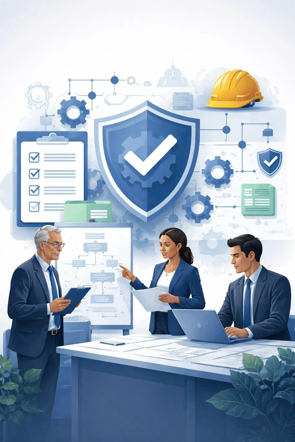 Digital illustration of consultants reviewing structured safety systems with shield, checklist, and industrial safety symbols representing ISO 45001 consulting services.