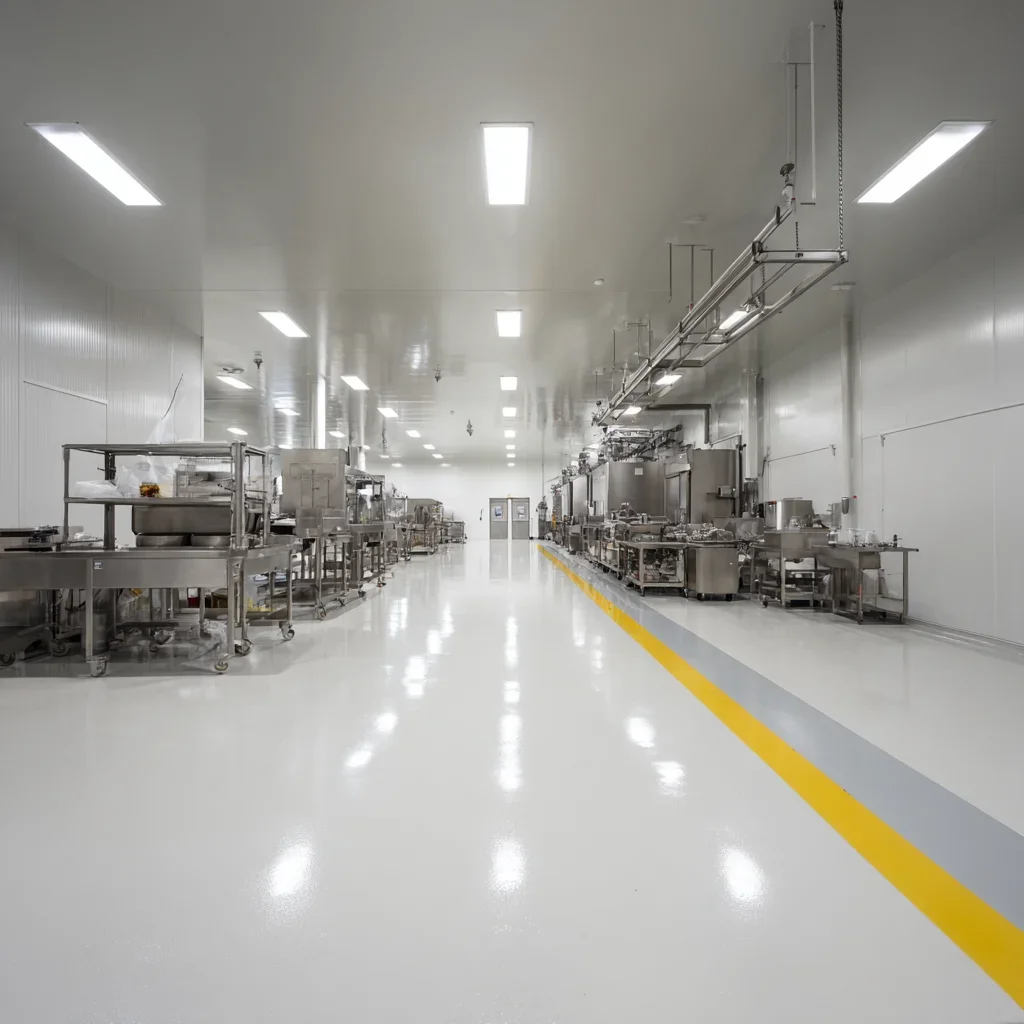 Clean food manufacturing facility with stainless steel processing equipment and epoxy floors, representing food safety and quality management systems for food and beverage organizations