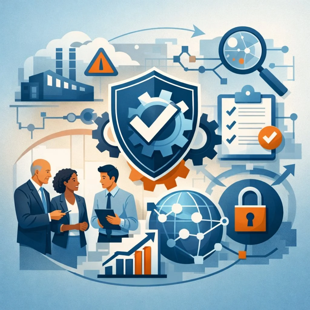 Digital illustration of a shield with a checkmark integrated with gears, networks, and governance symbols representing an ISO 9001 integrated management system.