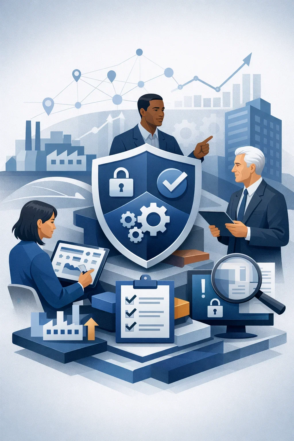 Digital illustration of professionals analyzing a centralized shield with gears and lock, representing integrated risk management and unified governance systems.