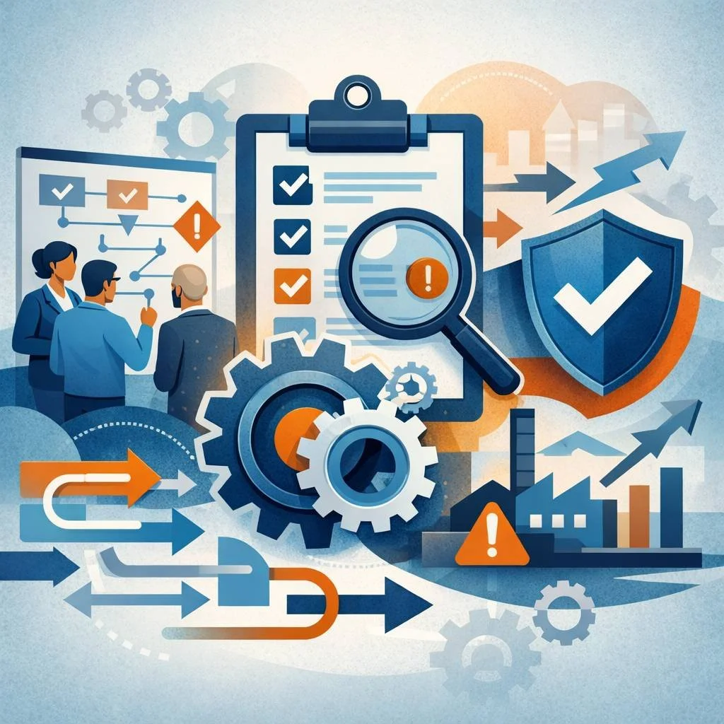 Digital illustration of a clipboard, gears, shield, and workflow arrows representing the ISO 9001 corrective action process and structured quality management improvement.