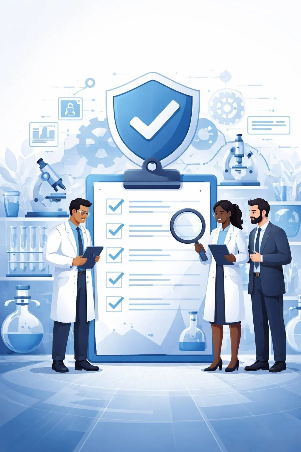 Digital illustration of laboratory professionals reviewing equipment and a structured validation checklist symbolizing ISO 17025 accreditation requirements.