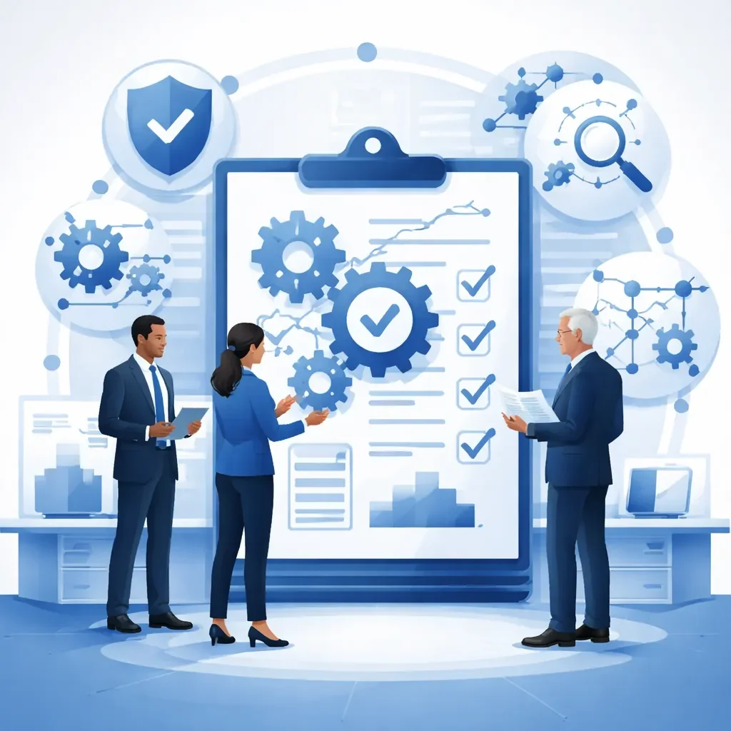 Digital illustration of diverse consultants reviewing a structured management system board with gears and shield, representing ISO consulting firm governance and certification readiness.