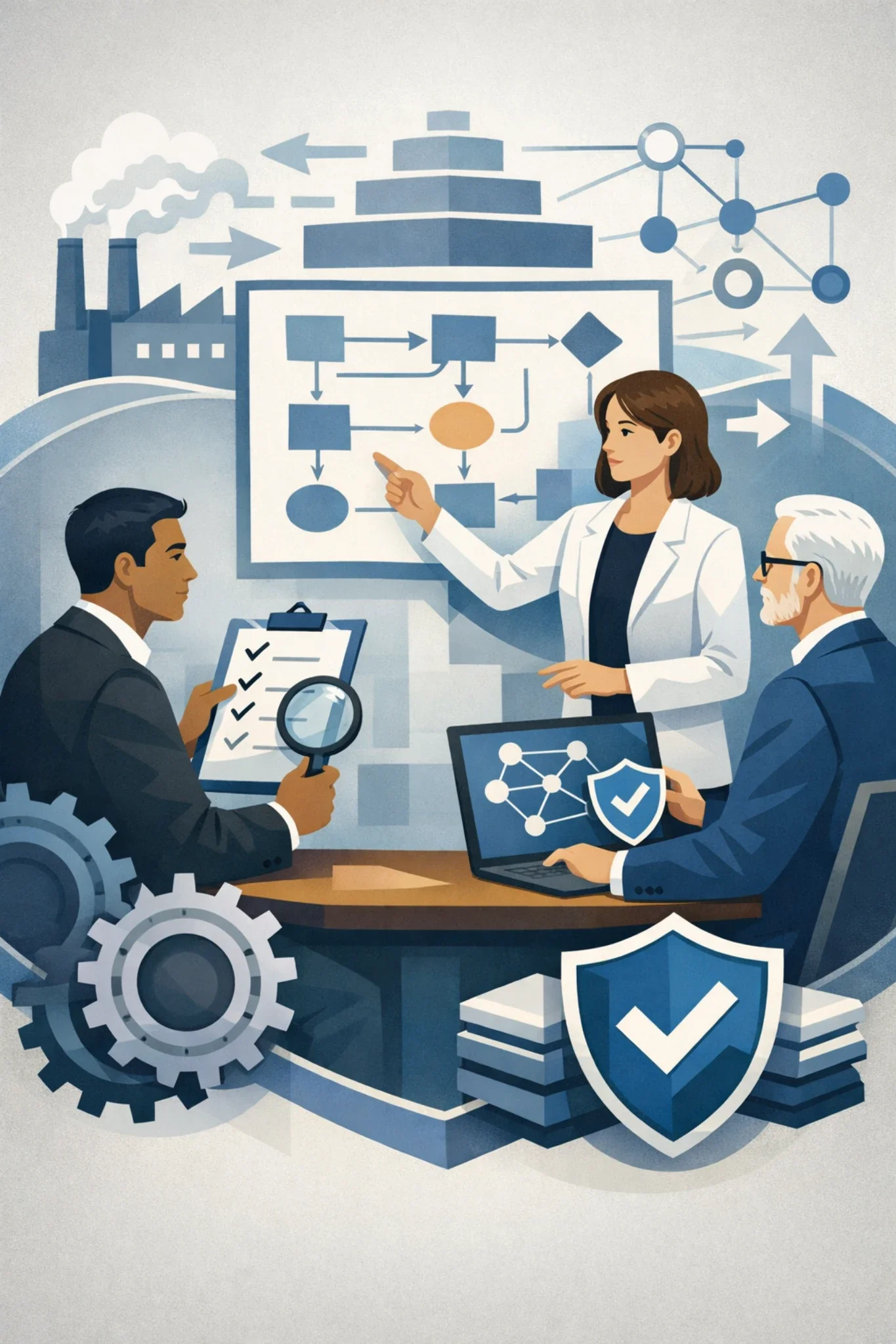 Digital illustration of cybersecurity consultants analyzing a cyber risk assessment with network diagrams, shield security symbol, and structured process workflow.