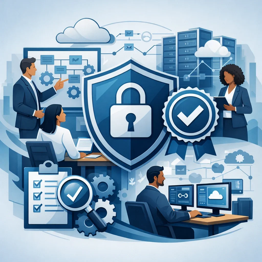 Digital illustration of a security shield, lock, checklist, and professionals representing ISO 27001 certification company services and structured information security management.