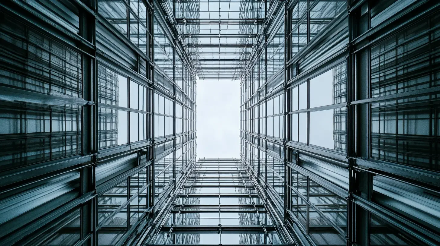 Low angle view looking up through structural steel and glass framing of a building under construction, representing quality, safety, and environmental management systems for construction and infrastructure organizations