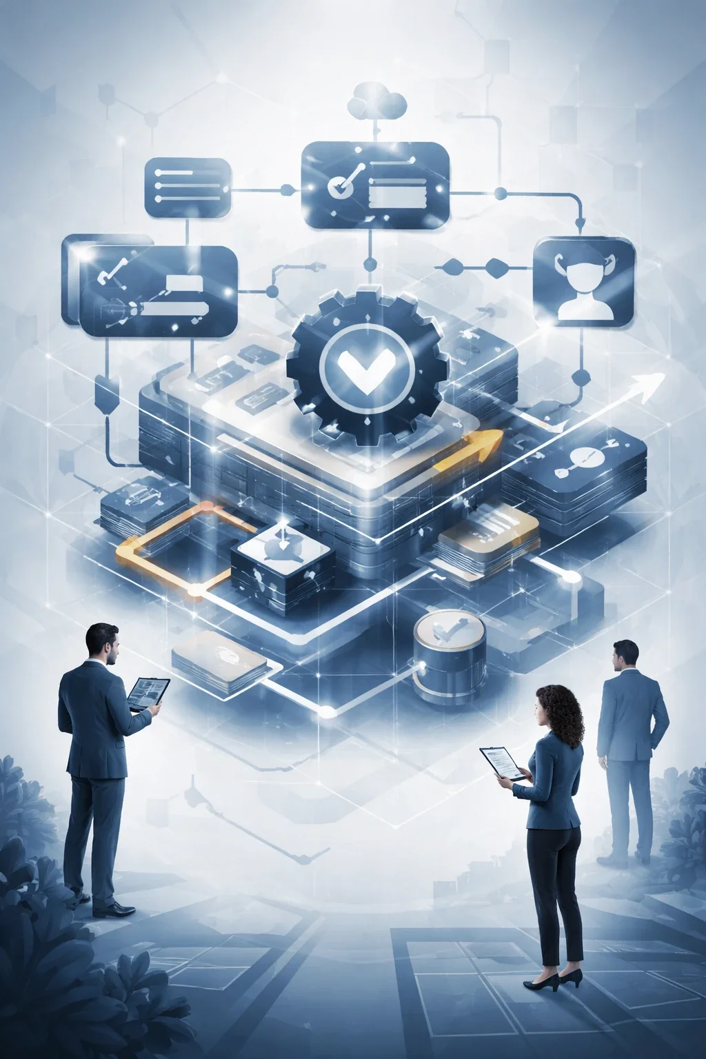 Structured process improvement system with interconnected layers, gear-driven controls, and workflow pathways illustrating operational optimization