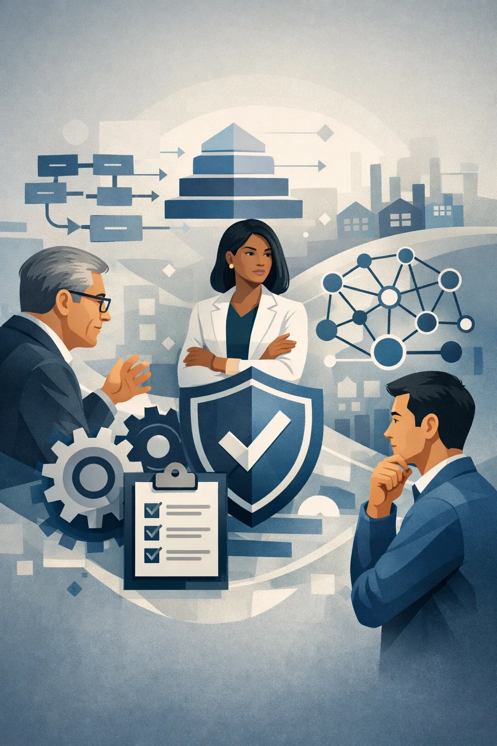 Digital illustration of diverse compliance advisors reviewing a structured governance system with shield, checklist, and process diagrams representing regulatory compliance services.