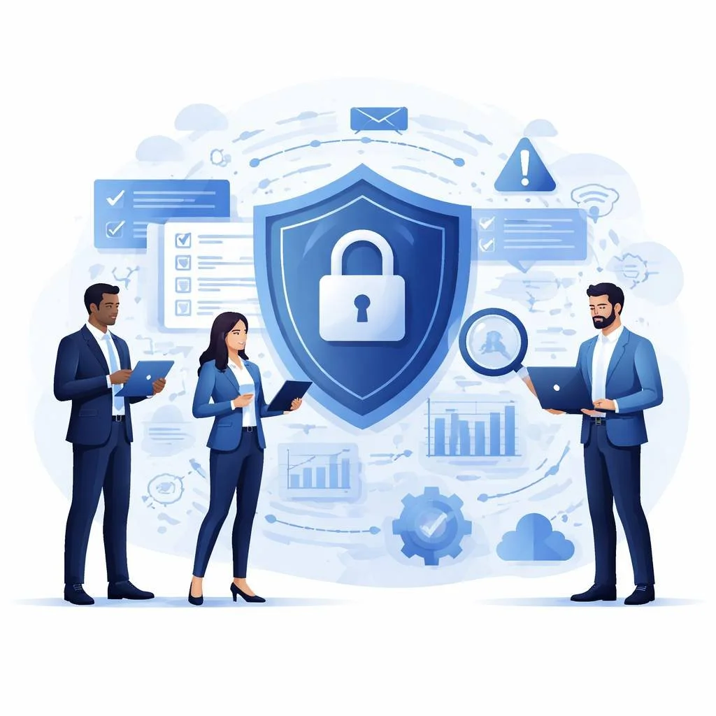 Digital illustration of security professionals reviewing network risk around a shield and lock symbolizing ISO 27001 risk assessment methodology.