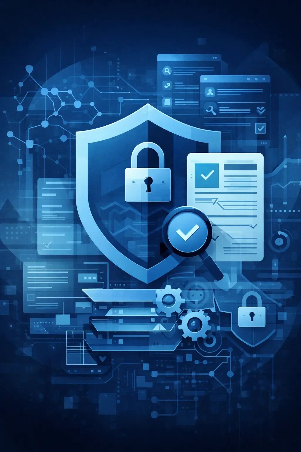 Digital illustration of a shield with layered controls, network nodes, and system elements representing cybersecurity consultant services and structured security systems