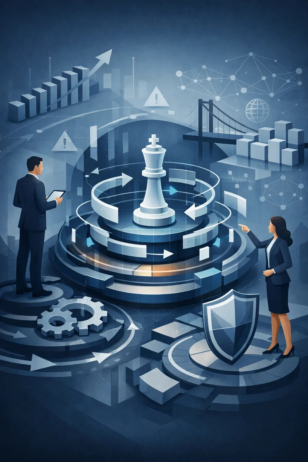 Structured strategic risk management system with layered controls, central decision core, and interconnected risk pathways with governance elements